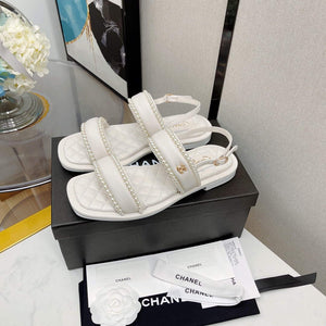 Chanel Women's Sandals G38423 Satin Imitation Pearls C90246 White - 35 - View 1