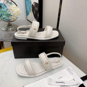 Chanel Women's Sandals G38423 Satin Imitation Pearls C90246 White - 35 - View 2