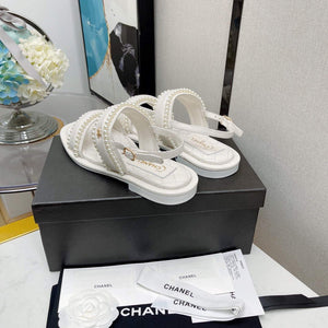 Chanel Women's Sandals G38423 Satin Imitation Pearls C90246 White - 35 - View 4