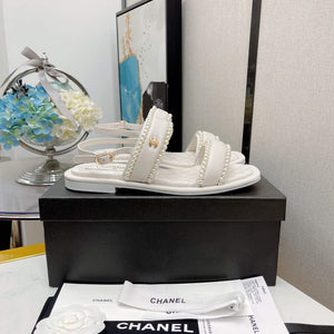 Chanel Women's Sandals G38423 Satin Imitation Pearls C90246 White - 35 - View 5
