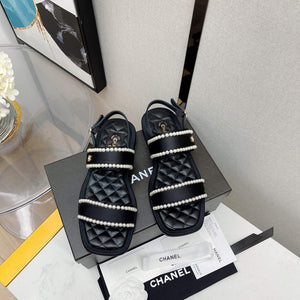 Chanel Women's Sandals G38423 Satin Imitation Pearls C90246 Black - 35 - View 3