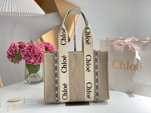 Chloe 383E6691J Medium Woody Tote Bag in Cotton Canvas Black - Default Title - View 1