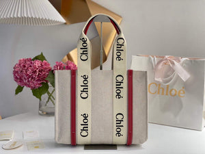 Chloe 383E66616 Medium Woody Tote Bag in Cotton Canvas Red - Default Title - View 1