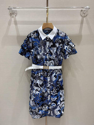 Dior 241R46 Mid Length Belted Dress Blue white - S - View 1