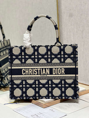 Dior Book Tote M1296 Medium Beige and Blue Macrocannage Embroidery M0080 - Default Title - View 1