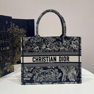 Dior Book Tote M1296 Medium Ecru and Blue Toile de Jouy Embroidery M0073 - Default Title - View 1