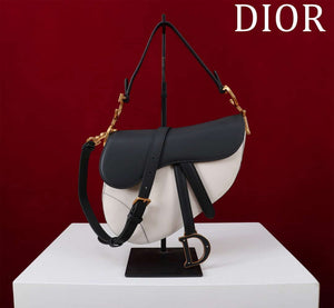Dior M0455 Saddle Bag With Strap plain weave White and Black Calfskin M0456 - Large 25cm - View 1