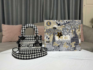 Dior M0500 MINI Lady D-LITE Bag Black and White Houndstooth Embroidery - Default Title - View 1