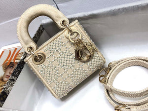 Dior M0505 Mini Dior Lady Bag Apricot Metallic Cannage Lambskin with Embroidered Beads - Default Title - View 1