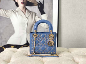 Dior M0505 Mini Dior Lady Bag Blue Metallic Cannage Lambskin with Beaded Embroidery - Default Title - View 1