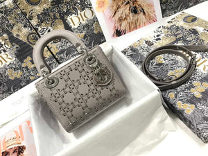 Dior M0505 Mini Dior Lady Bag Gray Metallic Cannage Lambskin with Beaded Embroidery - Default Title - View 1