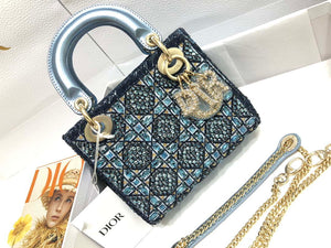 Dior M0505 Mini Dior Lady Bag Metallic Calfskin and Satin with Celestial Blue Bead Embroidery - Default Title - View 1