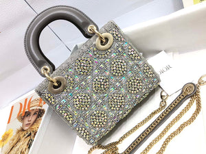 Dior M0505 Mini Dior Lady Bag Metallic Calfskin and Satin with Gray Resin Pearl Embroidery - Default Title - View 2
