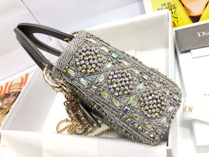 Dior M0505 Mini Dior Lady Bag Metallic Calfskin and Satin with Gray Resin Pearl Embroidery - Default Title - View 3