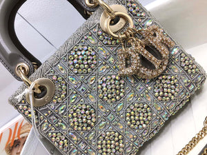 Dior M0505 Mini Dior Lady Bag Metallic Calfskin and Satin with Gray Resin Pearl Embroidery - Default Title - View 5