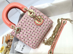 Dior M0505 Mini Dior Lady Bag Pink Metallic Cannage Lambskin with Embroidered Check Beads - Default Title - View 1