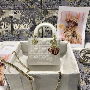Dior M0505 Mini Dior Lady Bag White Cannage lambskin Gold with Red Logo - Default Title - View 1