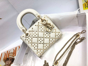 Dior M0505 Mini Dior Lady Bag White Metallic Cannage Lambskin with Beaded Embroidery - Default Title - View 1