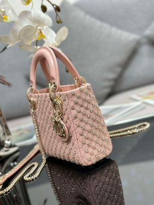 Dior M0505 Mini Lady Bag Metallic Cannage Lambskin Embroidery plum blossom beads Pink - Default Title - View 3