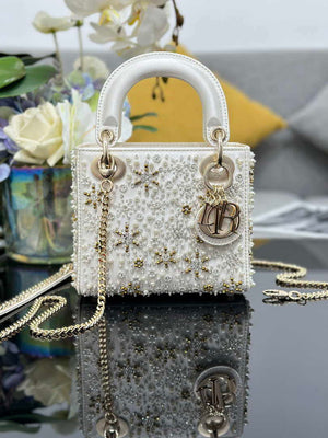 Dior M0505 Mini Lady Dior Bag Calfskin Embroidered Snowflake Pearls White - Default Title - View 1