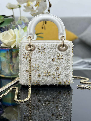 Dior M0505 Mini Lady Dior Bag Calfskin Embroidered Snowflake Pearls White - Default Title - View 2