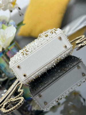 Dior M0505 Mini Lady Dior Bag Calfskin Embroidered Snowflake Pearls White - Default Title - View 4