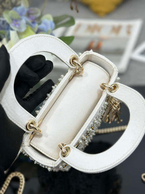 Dior M0505 Mini Lady Dior Bag Calfskin Embroidered Snowflake Pearls White - Default Title - View 7