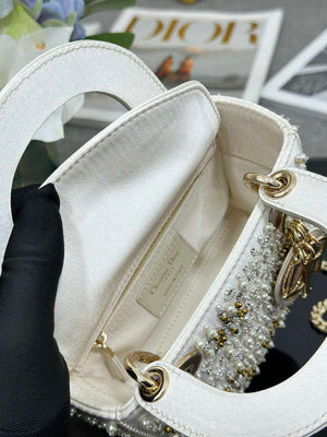 Dior M0505 Mini Lady Dior Bag Calfskin Embroidered Snowflake Pearls White - Default Title - View 8