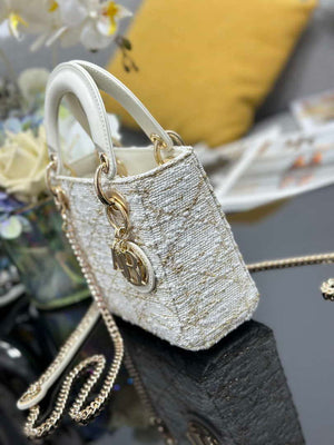 Dior M0505 Mini Lady Dior Bag Calfskin with Tweed White - Default Title - View 3