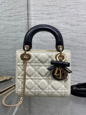 Dior M0505 Mini Lady Dior Bag White Cannage Lambskin With Black Handle Bow Gold - Default Title - View 2