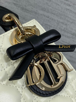 Dior M0505 Mini Lady Dior Bag White Cannage Lambskin With Black Handle Bow Gold - Default Title - View 3