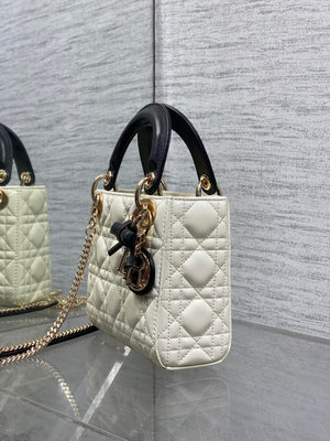 Dior M0505 Mini Lady Dior Bag White Cannage Lambskin With Black Handle Bow Gold - Default Title - View 6