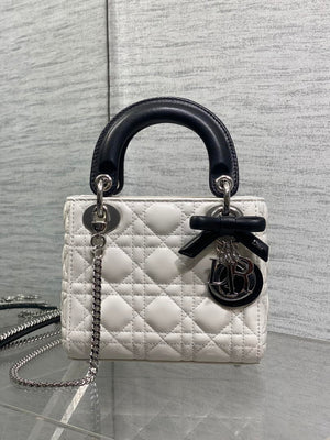Dior M0505 Mini Lady Dior Bag White Cannage Lambskin With Black Handle Bow - Default Title - View 2