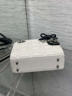Dior M0505 Mini Lady Dior Bag White Cannage Lambskin With Black Handle Bow - Default Title - View 7