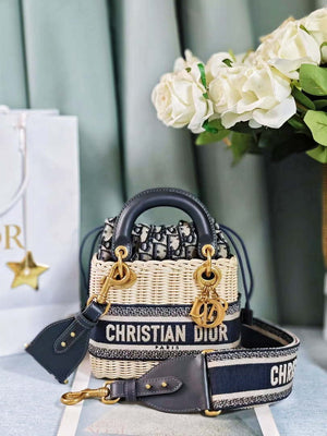 Dior M0505 MINI Lady Dior Bag Natural Wicker Blue Dior Oblique Jacquard - Default Title - View 1
