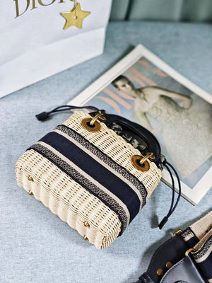 Dior M0505 MINI Lady Dior Bag Natural Wicker Blue Dior Oblique Jacquard - Default Title - View 6
