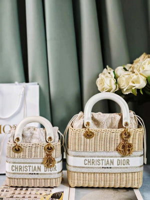 Dior M0505 MINI Lady Dior Bag Natural Wicker Grey Dior Oblique Jacquard - Default Title - View 2