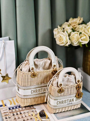 Dior M0505 MINI Lady Dior Bag Natural Wicker Grey Dior Oblique Jacquard - Default Title - View 6