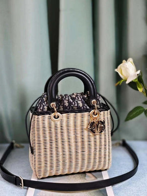 Dior M0505 MINI Lady Dior Bag Natural Wicker navy Blue - Default Title - View 2