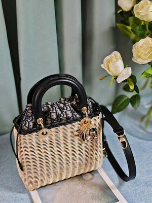 Dior M0505 MINI Lady Dior Bag Natural Wicker navy Blue - Default Title - View 4