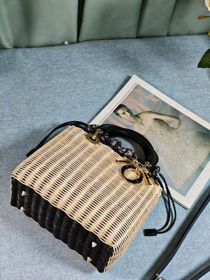 Dior M0505 MINI Lady Dior Bag Natural Wicker navy Blue - Default Title - View 7