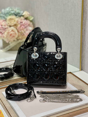 Dior Mini Lady Dior Bag M0505 Black Patent Cannage Calfskin Silver - Default Title - View 1