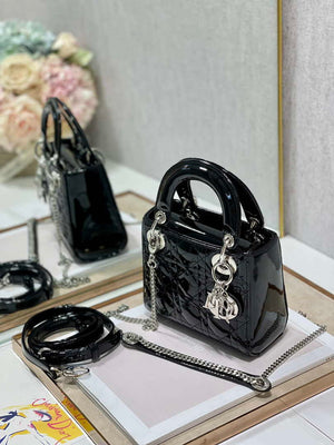 Dior Mini Lady Dior Bag M0505 Black Patent Cannage Calfskin Silver - Default Title - View 5