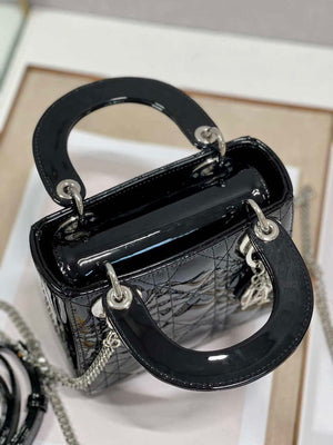 Dior Mini Lady Dior Bag M0505 Black Patent Cannage Calfskin Silver - Default Title - View 7