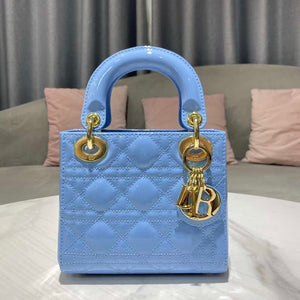 Dior M0505 Mini Lady Dior Bag chrysanthemum Blue Patent Cannage Calfskin - Default Title - View 1