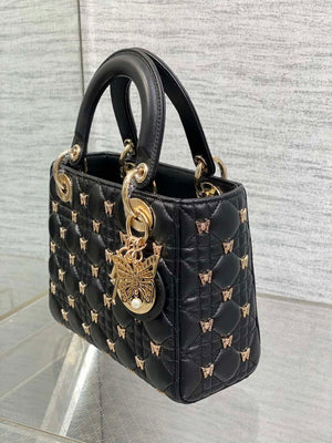 Dior M0531 Small Lady Dior Bag Black Cannage Lambskin with Gold-Finish Butterfly Studs - Default Title - View 6