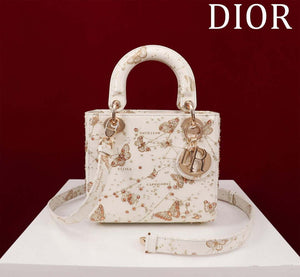 Dior M0531 Small Lady Dior Bag White and Gold-Tone Calfskin with Butterfly Zodiac Print and Embroidery - Default Title - View 1