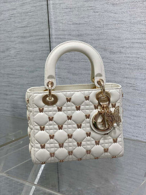 Dior M0531 Small Lady Dior Bag White Cannage Lambskin with Gold-Finish Butterfly Studs - Default Title - View 2