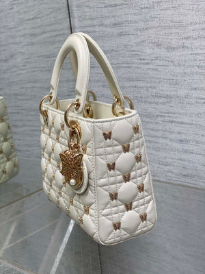 Dior M0531 Small Lady Dior Bag White Cannage Lambskin with Gold-Finish Butterfly Studs - Default Title - View 6