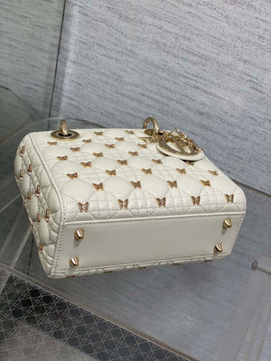 Dior M0531 Small Lady Dior Bag White Cannage Lambskin with Gold-Finish Butterfly Studs - Default Title - View 7